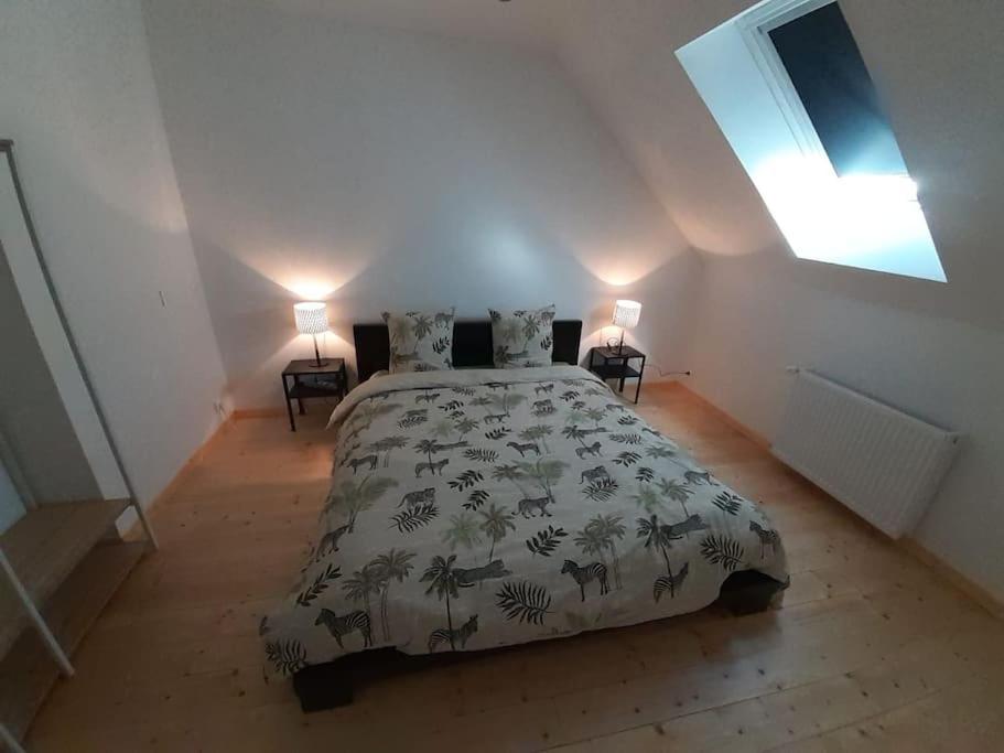 1 dormitorio con 1 cama y 2 mesas con lámparas en Appartement Malawo, en La Flèche