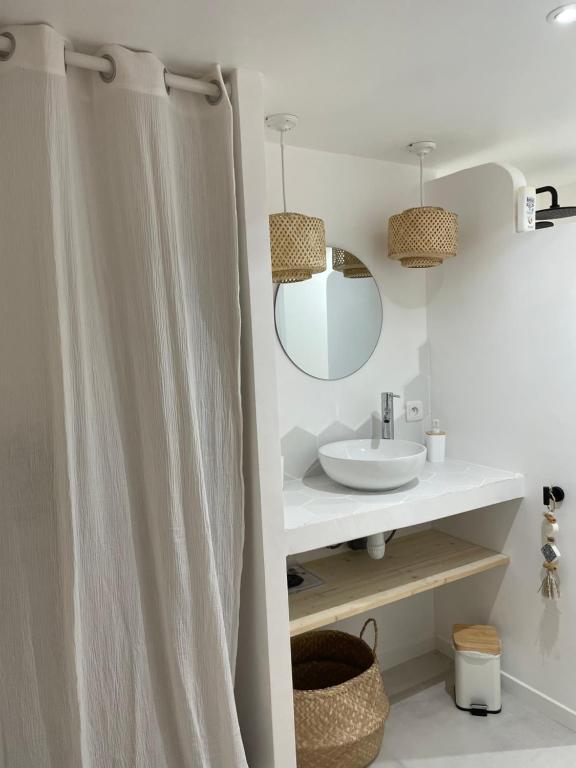 a bathroom with a sink and a mirror and a shower curtain at Appartement 30m2 cosy avec terrasse in Menton