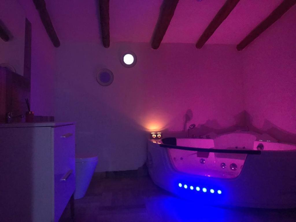 ein violettes Zimmer mit einer Badewanne in einem Zimmer in der Unterkunft Finca el atardecer - Apartamento Sol in Los Santos de Maimona
