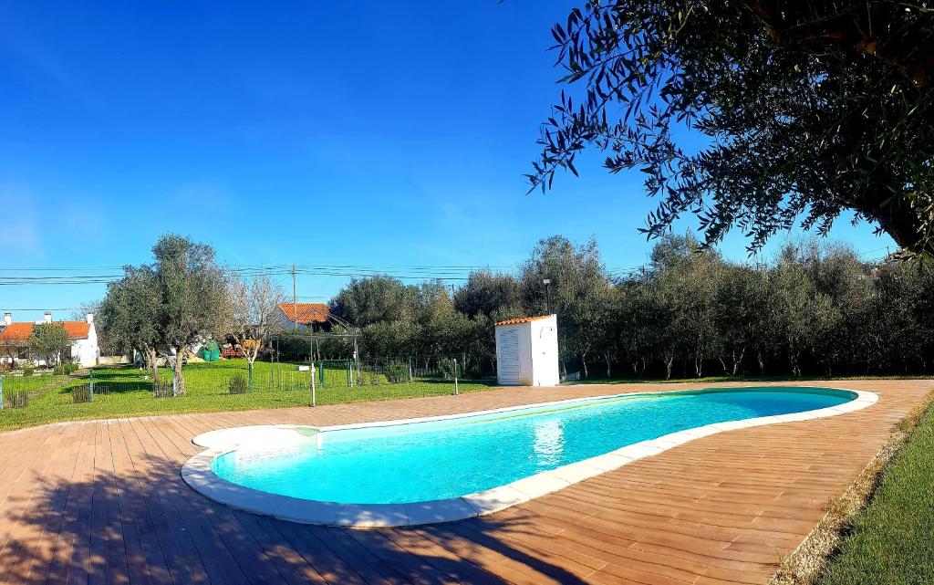 an empty swimming pool in a yard with trees at Oliveira Country House in Figueira e Barros