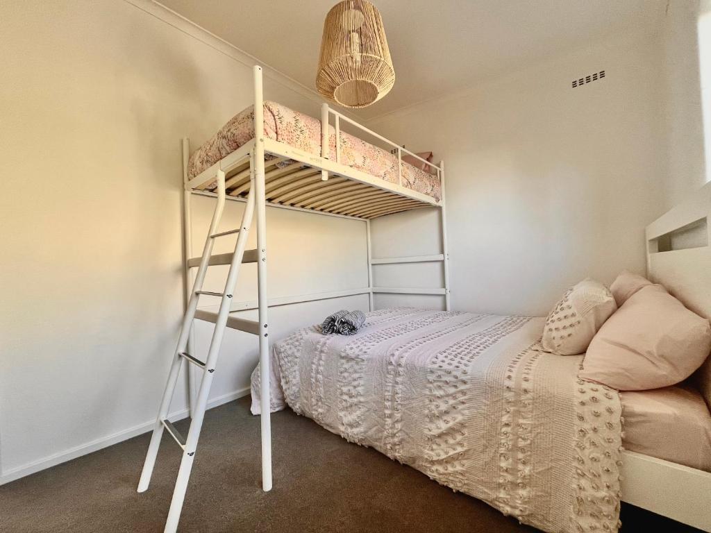 ein Schlafzimmer mit einem Etagenbett und einer Leiter in der Unterkunft 2 Minute walk from the Waters Edge in Perth
