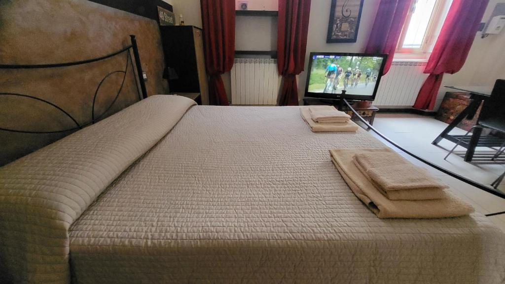 een slaapkamer met een bed en een televisie met handdoeken erop bij Saint Martin's House in Vigevano