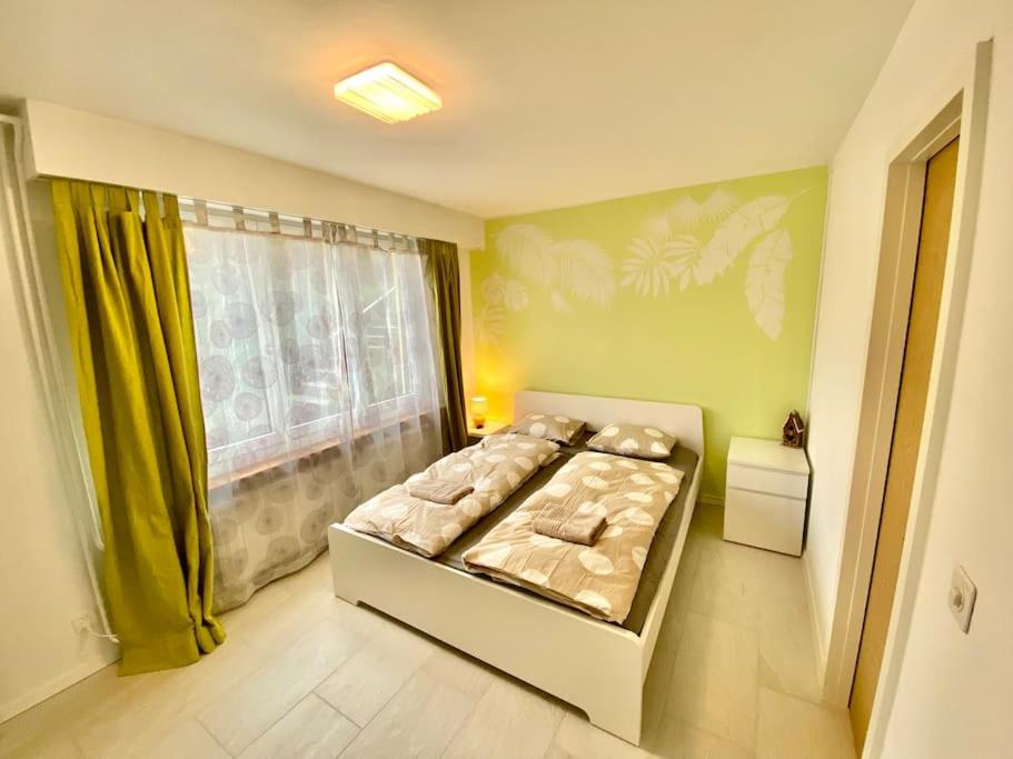 um quarto com uma cama num quarto com uma janela em Green Sun - a cozy apartment close to the airport em Opfikon