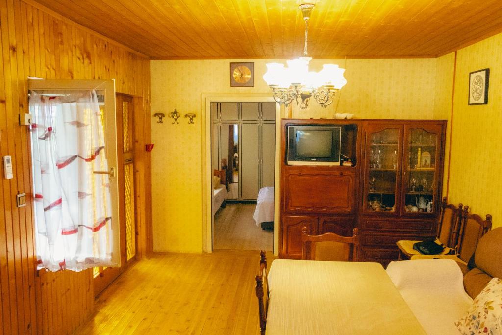 een woonkamer met gele muren en een tv en een bank bij Etno House Mira in Virpazar