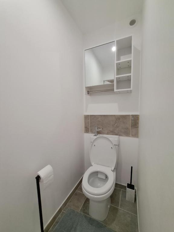 a bathroom with a toilet and a mirror at Saint-Raphaël-Front de Mer-WIFI-CLIM in Saint-Raphaël