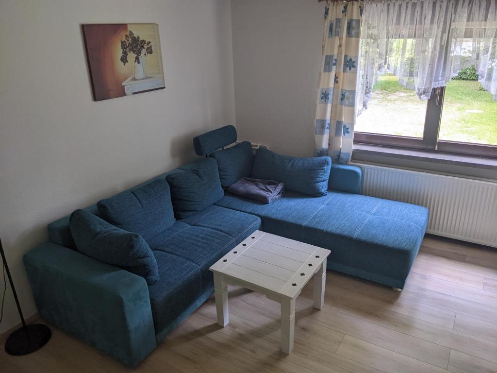 a blue couch in a living room with a table at Ferienwohnung Am Park in Greiz