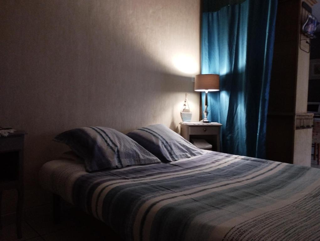 een slaapkamer met een bed met een blauw gordijn bij Route de voivres in La Suze-sur-Sarthe