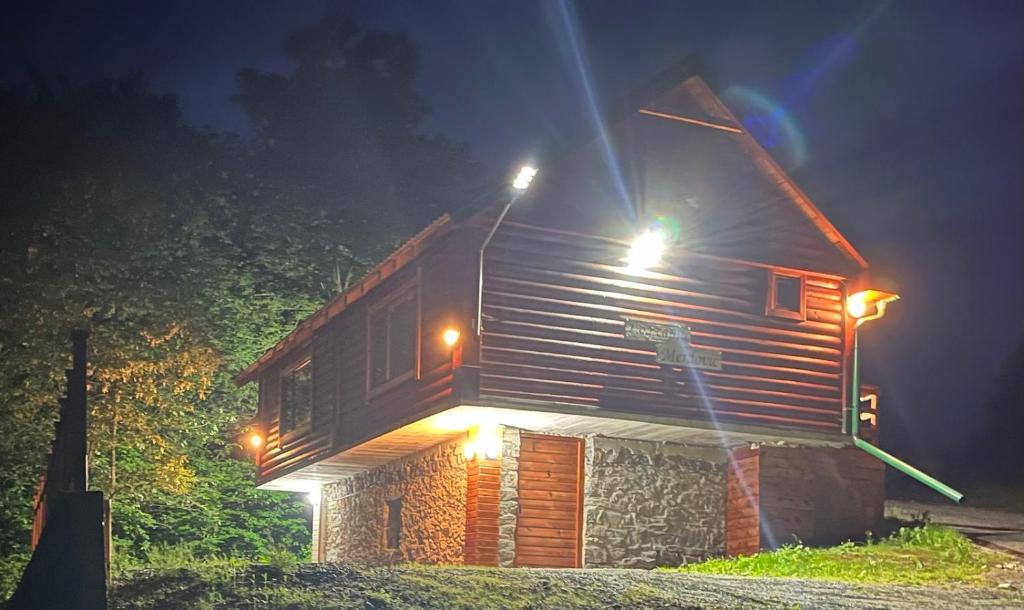 una casa de madera con luces en la parte superior en Log cabin 1 Merdovic, en Mojkovac