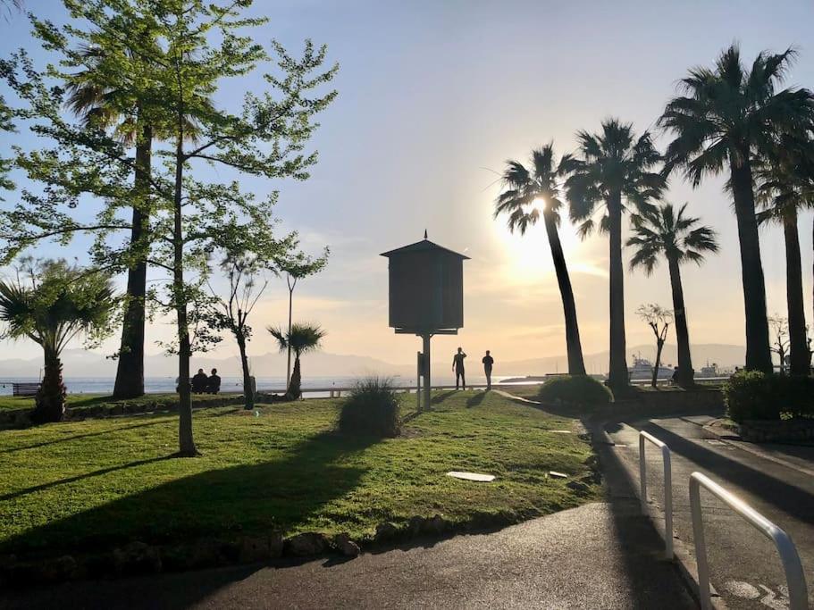 un couple de personnes marchant sur un chemin bordé de palmiers dans l'établissement Studio bord de mer, Croisette, Cannes, à Cannes