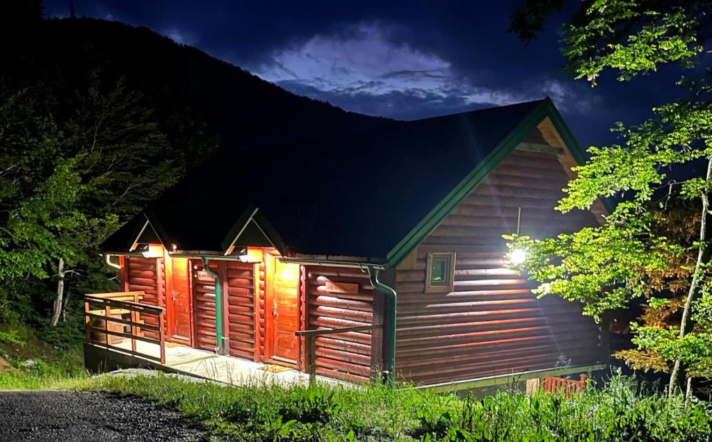a log cabin with lights on the side of it at Log cabin 2 Merdovic in Mojkovac