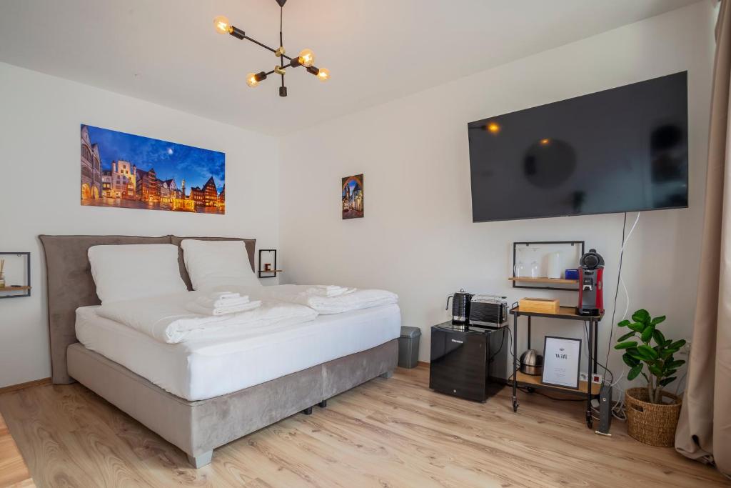 1 dormitorio con 1 cama y TV de pantalla plana en City Apartment in berühmter Lage, en Hildesheim