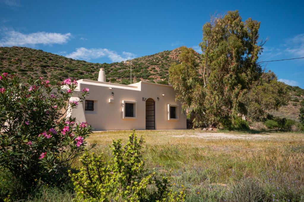 a house in a field with a mountain in the background at Casa Toril Cabo de Gata in El Pozo de los Frailes