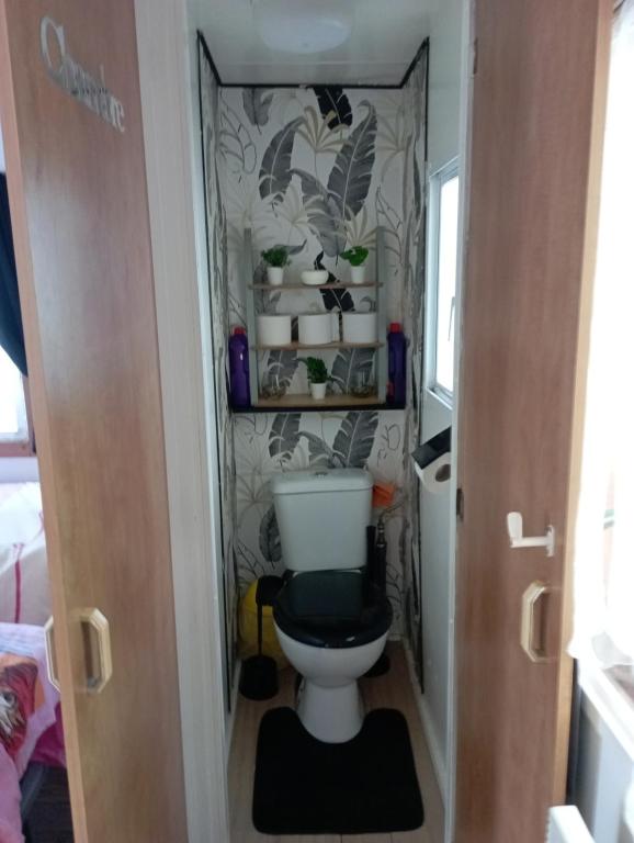 a small bathroom with a toilet with a black seat at Mobil-home 6 personnes in Mimizan