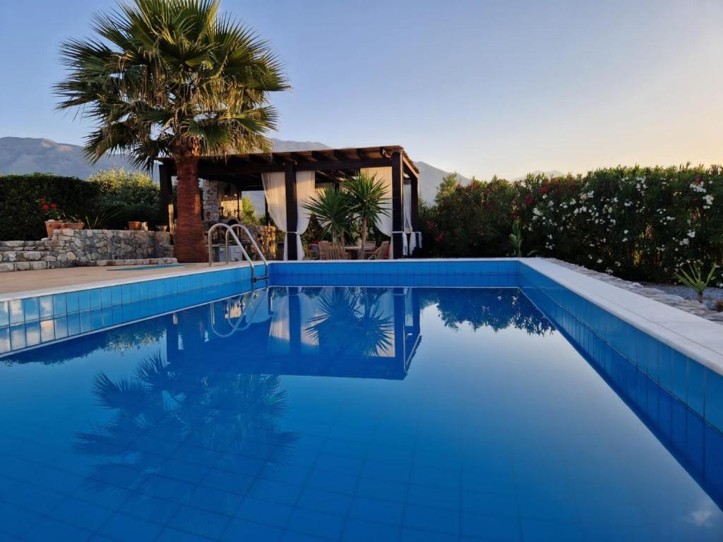 niebieski basen z palmą i dom w obiekcie Villa Marina w mieście Dhrámia