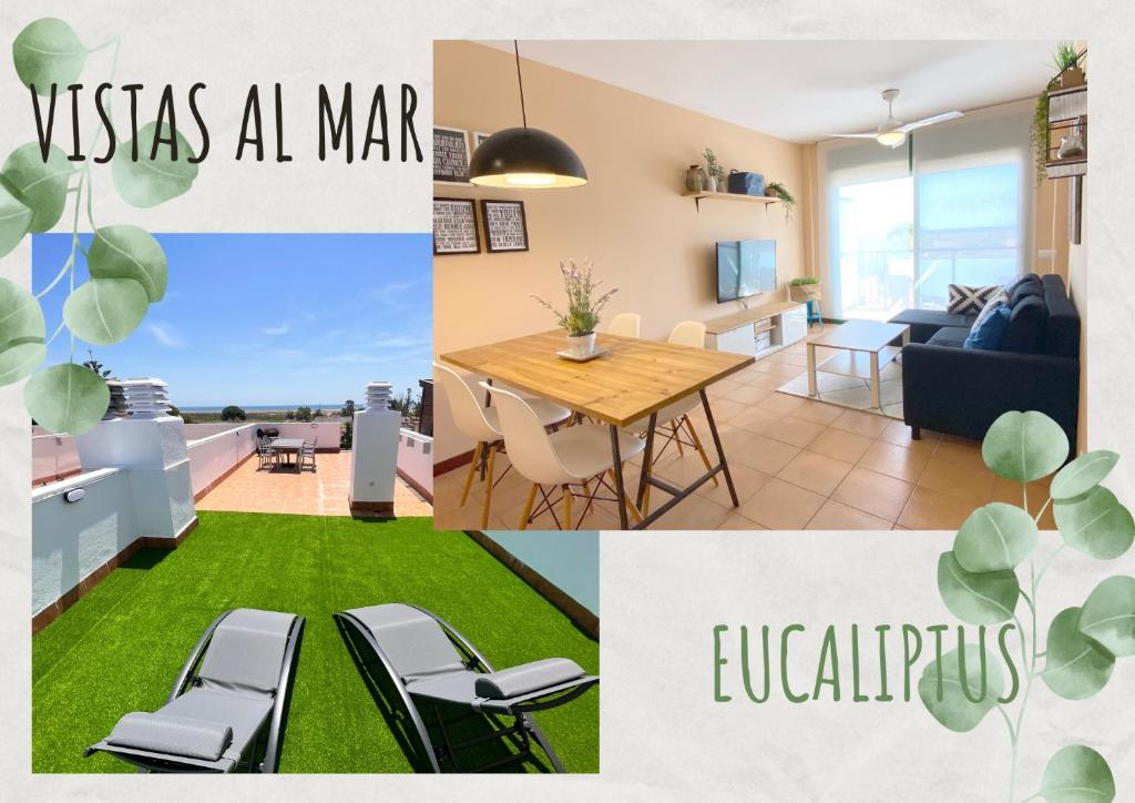 eine Küche und ein Wohnzimmer mit einem Tisch und Stühlen in der Unterkunft Vistas al mar playa Eucaliptus, con solarium privado in L'Eucaliptus