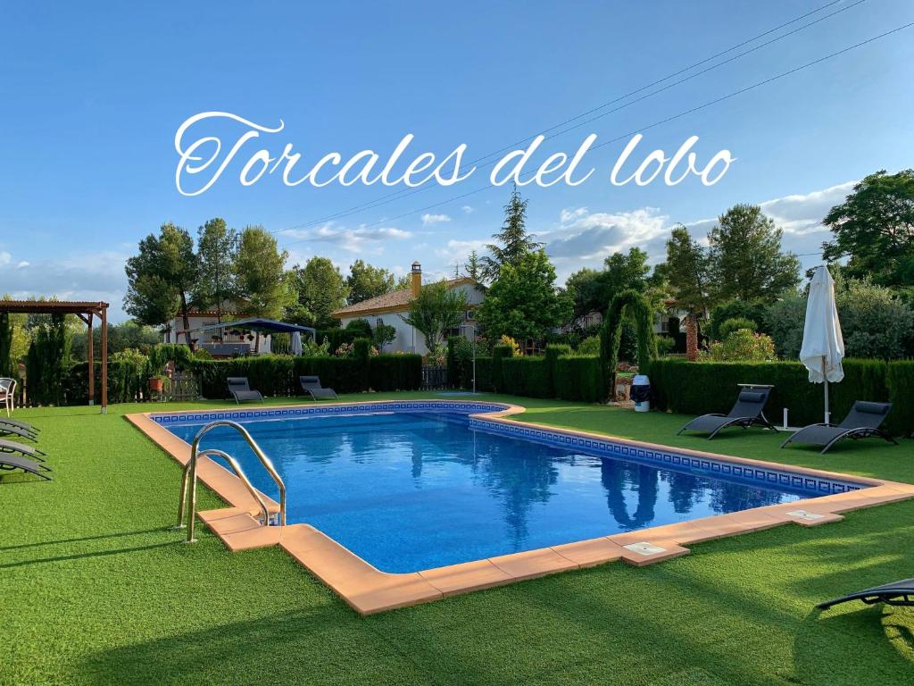 una piscina en un patio con césped verde en Torcales del Lobo Apartamentos Rurales, en Pozo Alcón