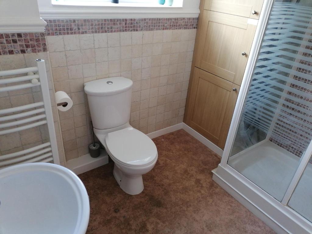 a bathroom with a toilet and a shower at 5 in Preston
