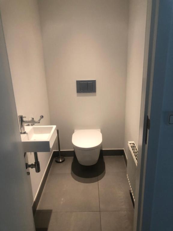 a bathroom with a white toilet and a sink at landelijke villa met zwembad en gezellige openhaard in Zemst