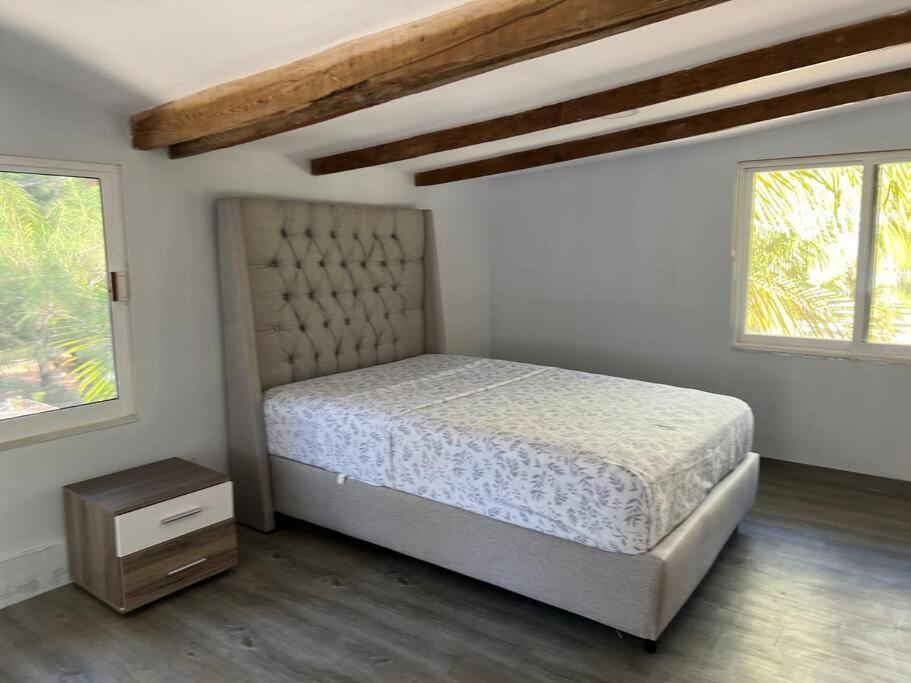 ein Schlafzimmer mit einem großen Bett und zwei Fenstern in der Unterkunft Casa Villa Grand palapa frente al mar in El Cristo