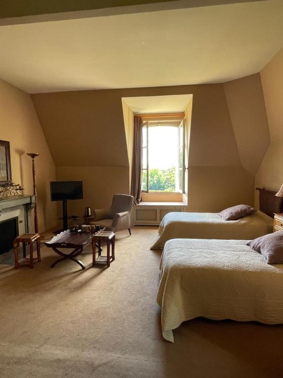 una camera da letto con due letti e una finestra di Château de Praslins a Nogent-sur-Vernisson