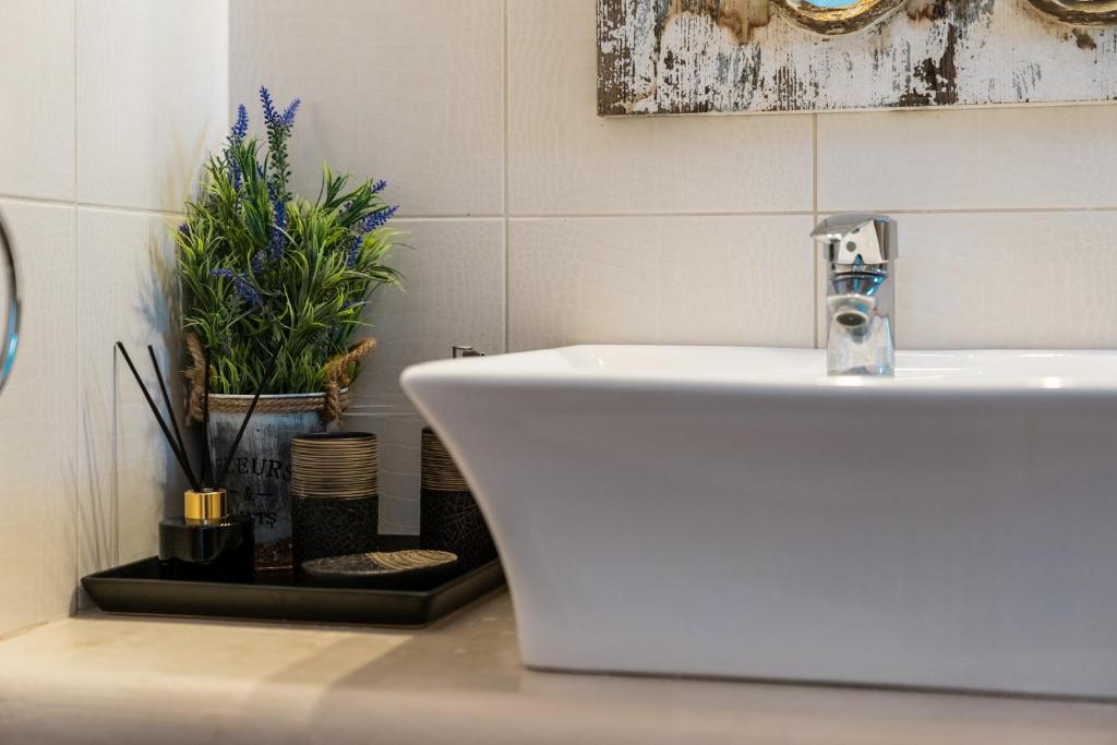 a bathroom with a white sink and a plant at Astrio Suites in Livadi