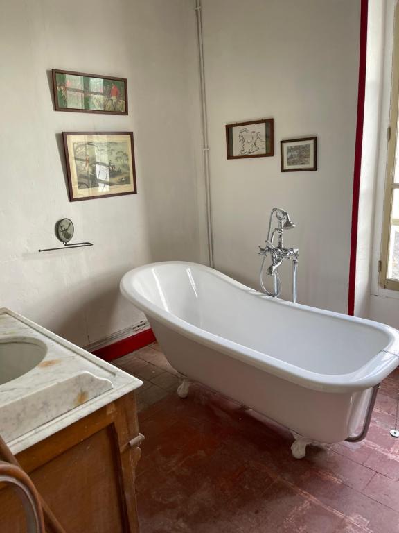 eine weiße Badewanne im Bad mit Waschbecken in der Unterkunft La Maison du meunier in Romorantin