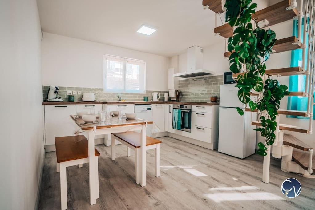 una cocina con armarios blancos, una mesa y una planta en Maison rénovée à 500 m du centre du village, en Goudargues