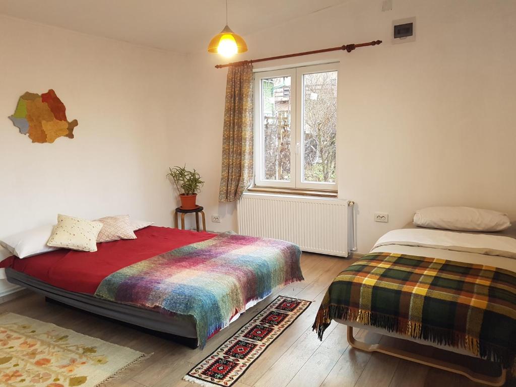 a bedroom with two beds and a window at Casa CeDar in Lupeni