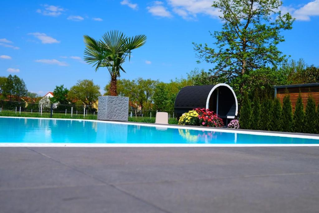 una piscina con una palmera y un edificio en Pool Sauna Entspannung, en Rangsdorf