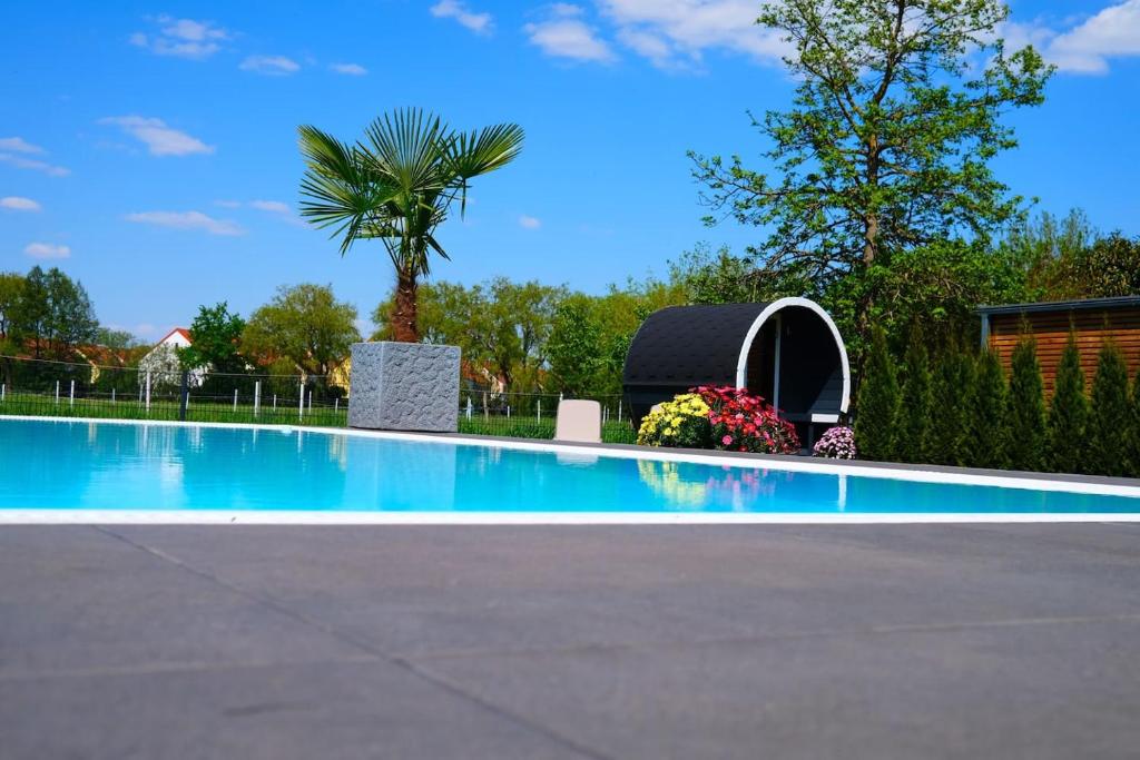 a swimming pool with a palm tree and a building at Pool Sauna Entspannung in Rangsdorf