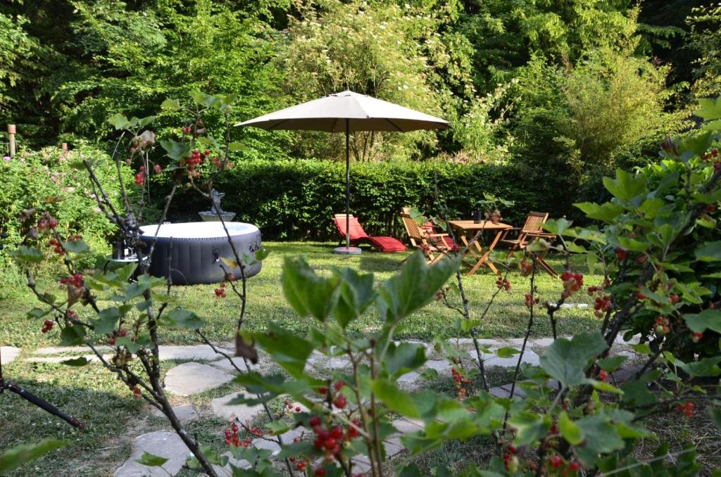 einen Garten mit einem Sonnenschirm, einem Tisch und Stühlen in der Unterkunft Wohnidylle auf schönem Anwesen im Wald in Bad Honnef am Rhein