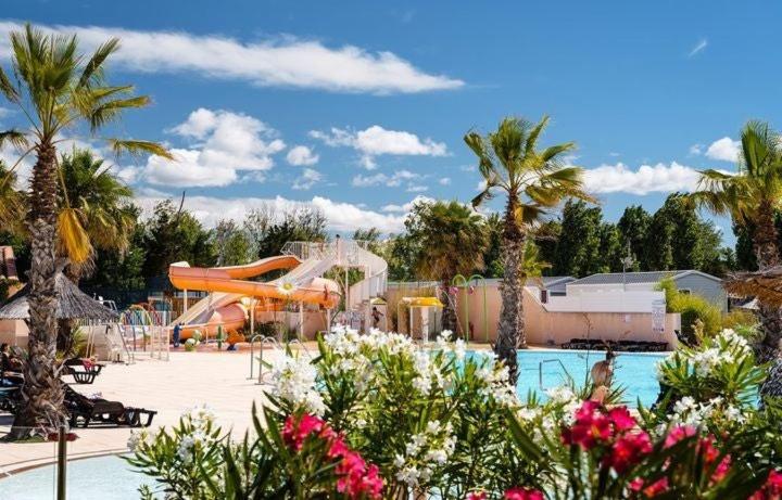 un complejo con un tobogán y una piscina con palmeras en Mobil home 6/8personnes, en Sérignan