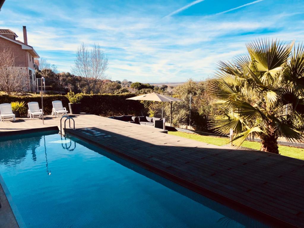 a swimming pool with two chairs and a palm tree at VILLA LA DUQUESA 