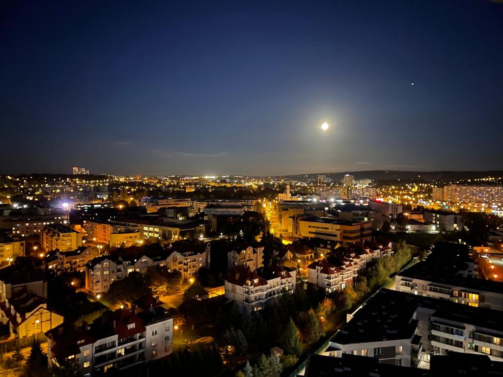 uma cidade à noite com a lua no céu em Premium Apartament 156 em Rzeszów