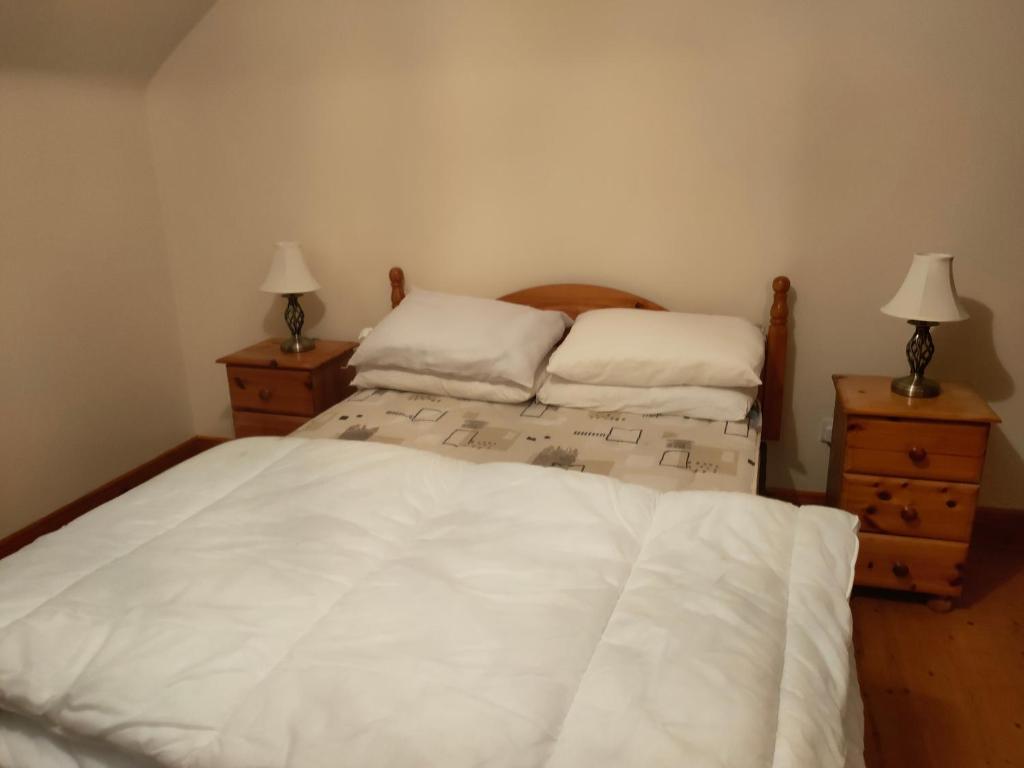 een slaapkamer met 2 bedden met witte lakens en 2 lampen bij House in Miltown Malbay
