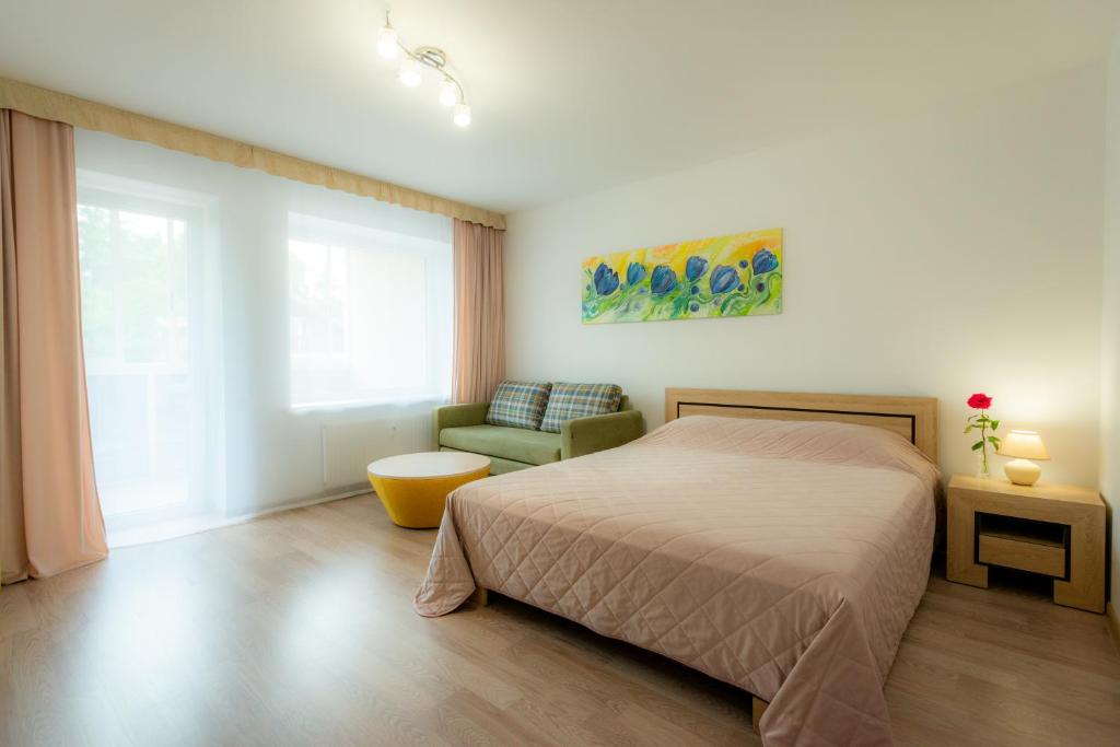 1 dormitorio con 1 cama, 1 silla y 1 ventana en Honey apartment, en Druskininkai