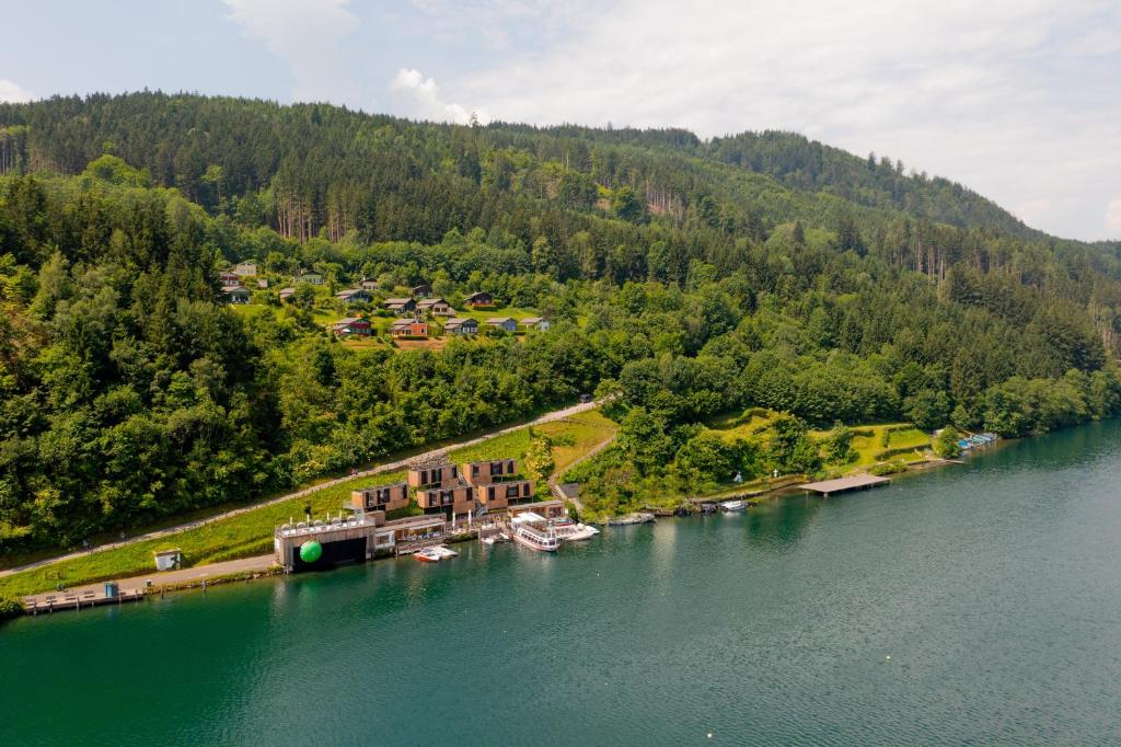 an aerial view of a house on the shore of a lake at Kantor See-Chalets am Millstätter See in Rothenthurn