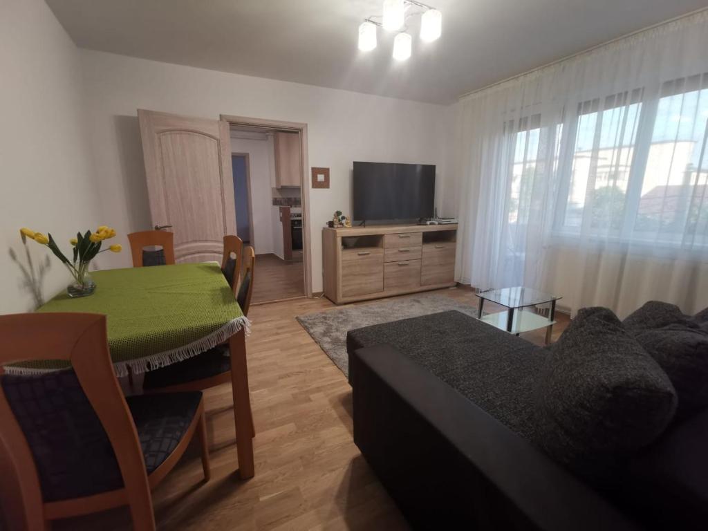 a living room with a couch and a table and a television at Old Town Apartment 2 bedrooms, 1 living in Baia Mare