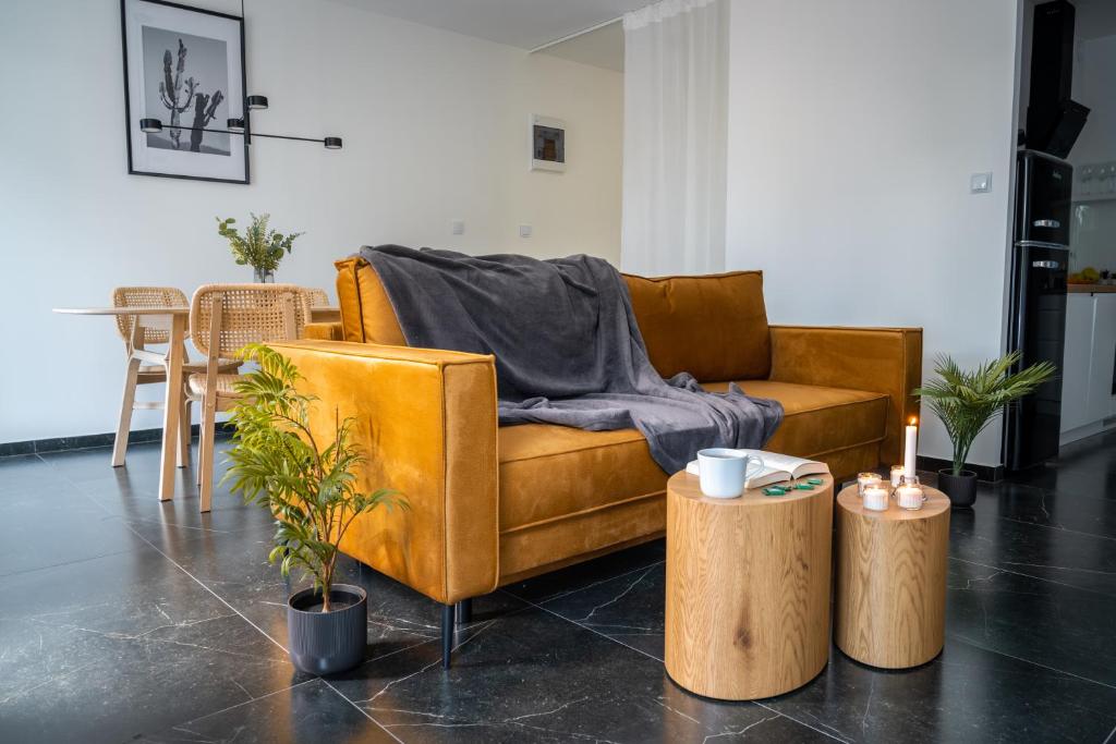 a living room with a brown couch and a table at Przy3Maja in Legionowo