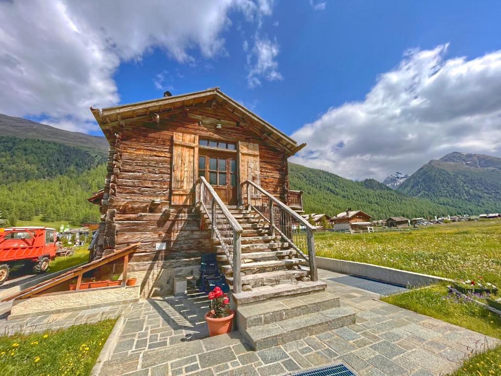 a small log cabin with stairs in a field at Chalet I Clus in Livigno