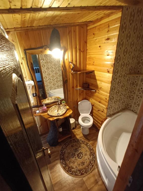 La salle de bains est pourvue de toilettes, d'un lavabo et d'une baignoire. dans l'établissement Cabana Micutu, à Sebeş