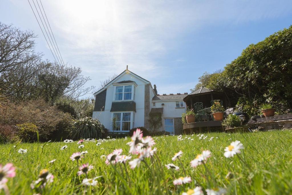 a house with a field of flowers in front of it at Glenside House in Carbis Bay