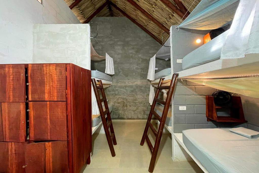 a room with several bunk beds in a room at El Zoo Hostel, Bar & Pool in Palomino
