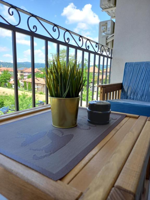 una mesa con una maceta en el balcón en Silver Lake Apartments, en Veliko Gradiste