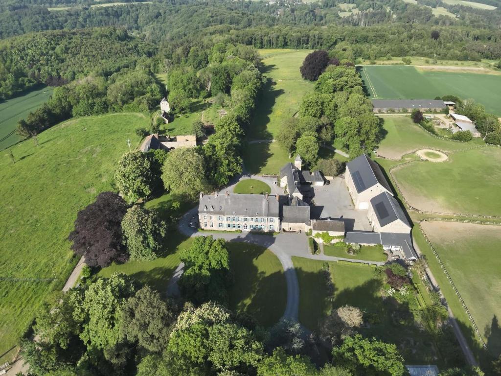 uma vista aérea de uma mansão num campo verde em Annexe of a magnificent 17th farm tastefully renovated in the country em Ouffet