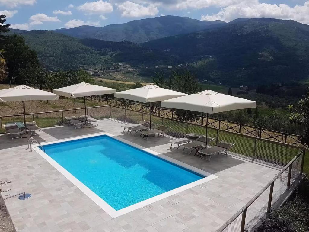 ドンニーニにあるCosy apartment Forno in Pelago with swimming poolの山の景色を望むスイミングプール(パラソル付)