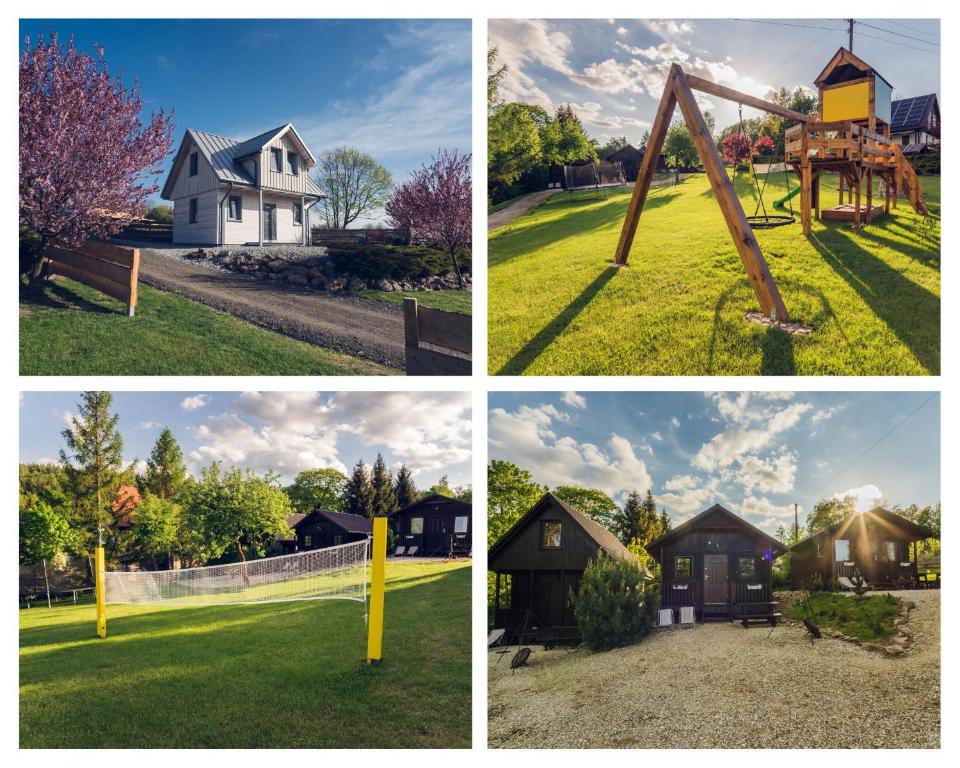 four different pictures of houses and a playground at Domek Skowronek in Szczytna