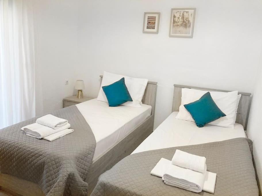 Cette chambre comprend 2 lits avec des oreillers bleus et blancs. dans l'établissement Mokamvilia House, à Amoliani