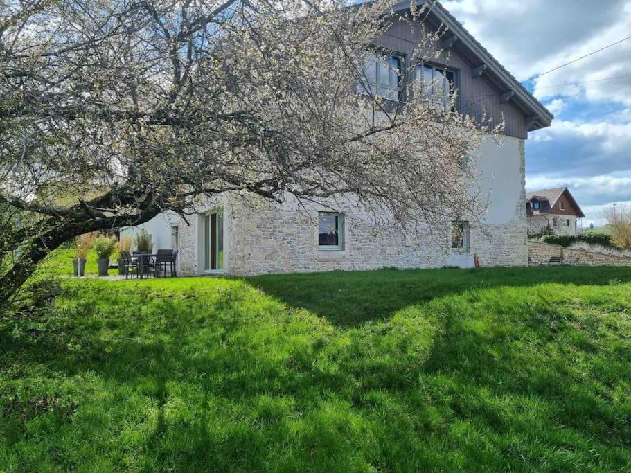 uma casa com uma árvore em frente a um jardim verde em Logement dans maison + extérieur em Orchamps-Vennes