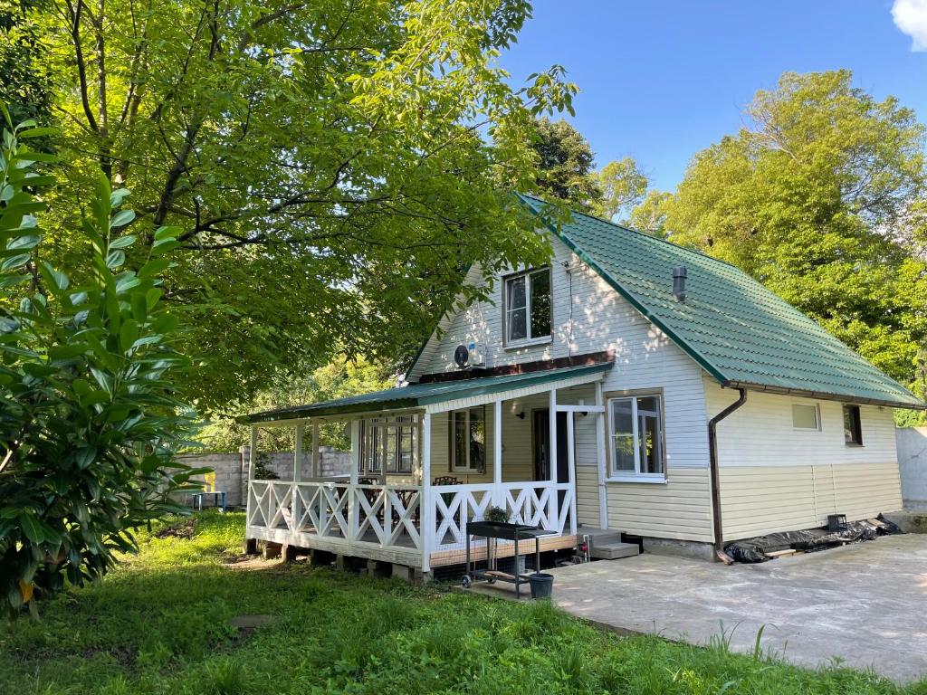 uma pequena casa com um alpendre e um telhado verde em Финский дом в Пицунде em Pizunda